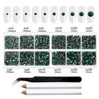 8300PCS Flatback Rhinestones, Nail Gems Round Crystal Rhinestones for Crafts, Mixed 10 Sizes with Wax Pencil and Tweezer Kit, SS3-SS30-Emerald