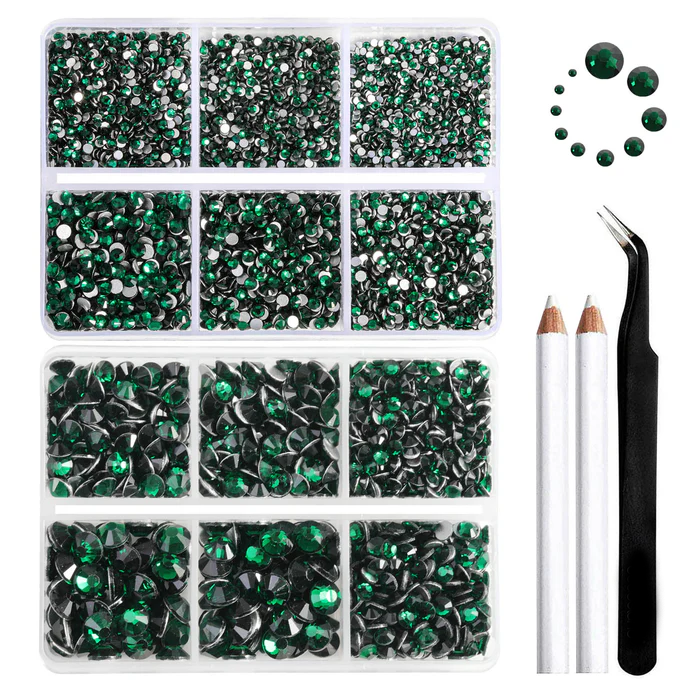8300PCS Flatback Rhinestones, Nail Gems Round Crystal Rhinestones for Crafts, Mixed 10 Sizes with Wax Pencil and Tweezer Kit, SS3-SS30-Emerald