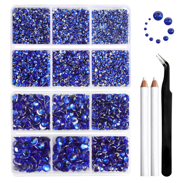 8300PCS Flatback Rhinestones, Nail Gems Round Crystal Rhinestones for Crafts, Mixed 10 Sizes with Wax Pencil and Tweezer Kit, SS3-SS30-Sapphire