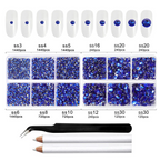 8300PCS Flatback Rhinestones, Nail Gems Round Crystal Rhinestones for Crafts, Mixed 10 Sizes with Wax Pencil and Tweezer Kit, SS3-SS30-Sapphire
