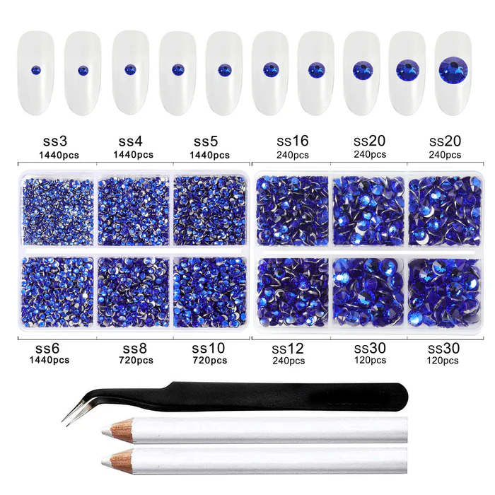 8300PCS Flatback Rhinestones, Nail Gems Round Crystal Rhinestones for Crafts, Mixed 10 Sizes with Wax Pencil and Tweezer Kit, SS3-SS30-Sapphire
