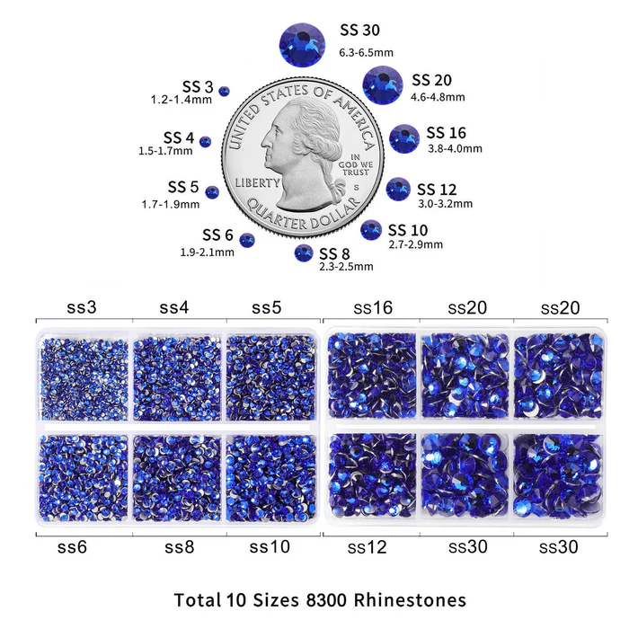 8300PCS Flatback Rhinestones, Nail Gems Round Crystal Rhinestones for Crafts, Mixed 10 Sizes with Wax Pencil and Tweezer Kit, SS3-SS30-Sapphire