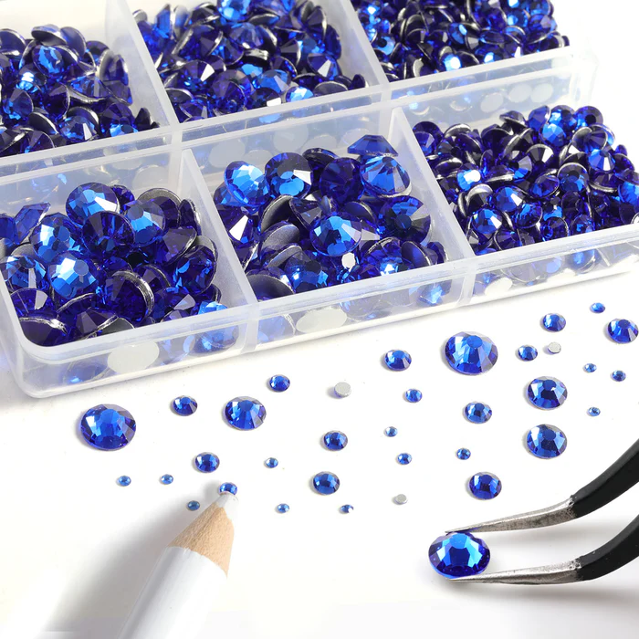 8300PCS Flatback Rhinestones, Nail Gems Round Crystal Rhinestones for Crafts, Mixed 10 Sizes with Wax Pencil and Tweezer Kit, SS3-SS30-Sapphire
