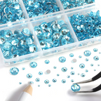 8300PCS Flatback Rhinestones, Nail Gems Round Crystal Rhinestones for Crafts, Mixed 10 Sizes with Wax Pencil and Tweezer Kit, SS3-SS30-Aquamarine
