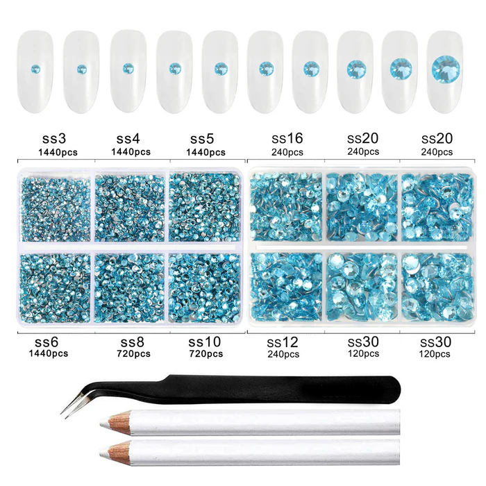 8300PCS Flatback Rhinestones, Nail Gems Round Crystal Rhinestones for Crafts, Mixed 10 Sizes with Wax Pencil and Tweezer Kit, SS3-SS30-Aquamarine