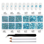 8300PCS Flatback Rhinestones, Nail Gems Round Crystal Rhinestones for Crafts, Mixed 10 Sizes with Wax Pencil and Tweezer Kit, SS3-SS30-Aquamarine