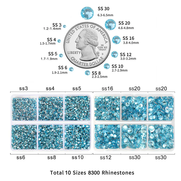 8300PCS Flatback Rhinestones, Nail Gems Round Crystal Rhinestones for Crafts, Mixed 10 Sizes with Wax Pencil and Tweezer Kit, SS3-SS30-Aquamarine