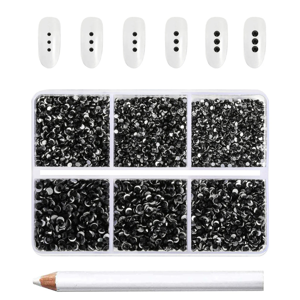 7200pcs Flatback Rhinestones,Nail Gems Round Crystal Rhinestones for Crafts,Mixed 6 Sizes with Wax Pencil Kit, SS3-SS10- Black