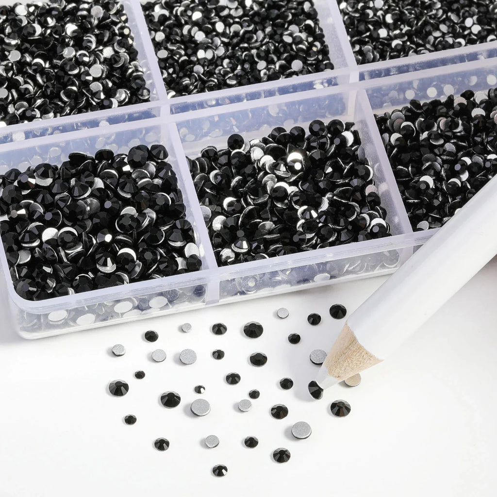 7200pcs Flatback Rhinestones,Nail Gems Round Crystal Rhinestones for Crafts,Mixed 6 Sizes with Wax Pencil Kit, SS3-SS10- Black