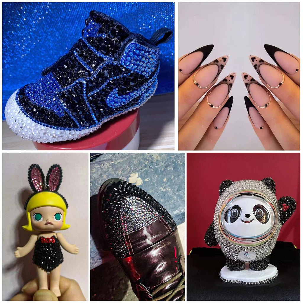 Flat Back Crystal Rhinestones Round Gems For Nail Art And Craft Glue Fix - Black