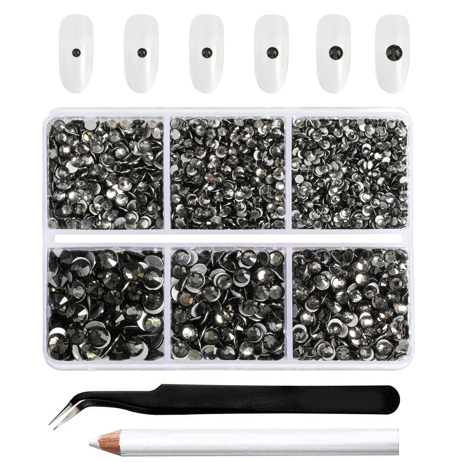 4300pcs Flatback Rhinestones, Nail Gems Round Crystal Rhinestones for Crafts,Mixed 6 Sizes with Picking Tweezers and Wax Pencil Kit- Black Diamond