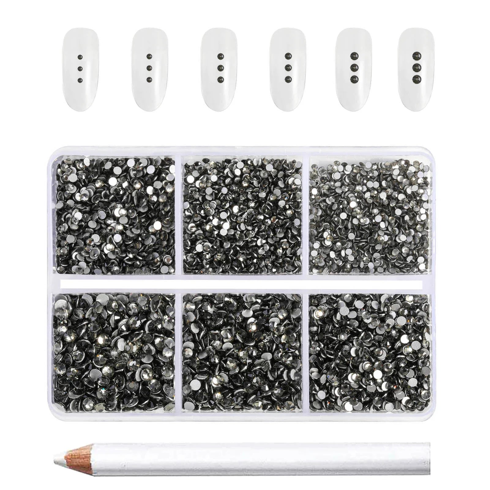 7200pcs Flatback Rhinestones,Nail Gems Round Crystal Rhinestones for Crafts,Mixed 6 Sizes with Wax Pencil Kit, SS3-SS10- Black Diamond