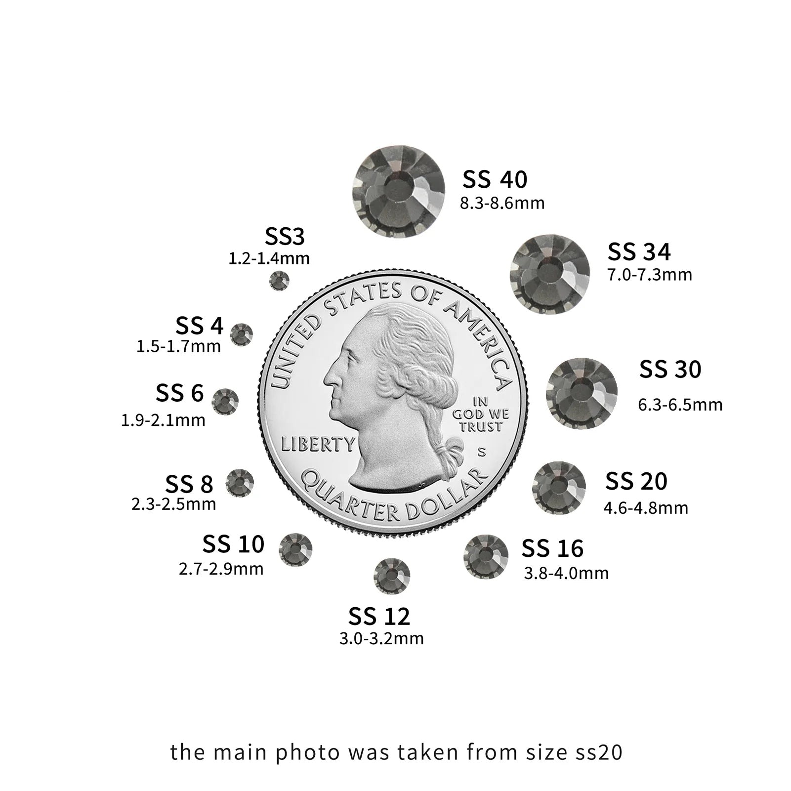 Flat Back Crystal Rhinestones Round Gems For Nail Art And Craft Glue Fix - Black Diamond