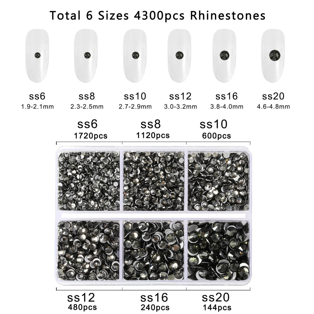 4300pcs Flatback Rhinestones, Nail Gems Round Crystal Rhinestones for Crafts,Mixed 6 Sizes with Picking Tweezers and Wax Pencil Kit- Black Diamond