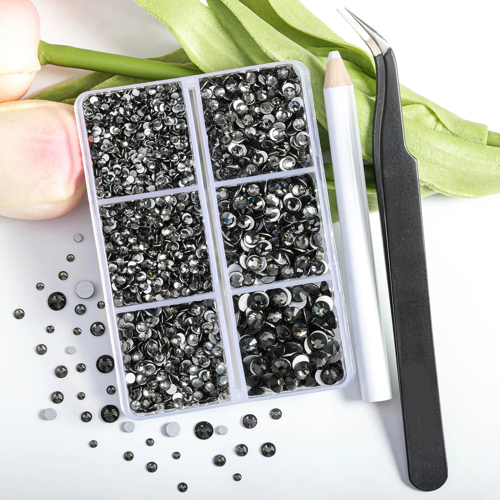 4300pcs Flatback Rhinestones, Nail Gems Round Crystal Rhinestones for Crafts,Mixed 6 Sizes with Picking Tweezers and Wax Pencil Kit- Black Diamond