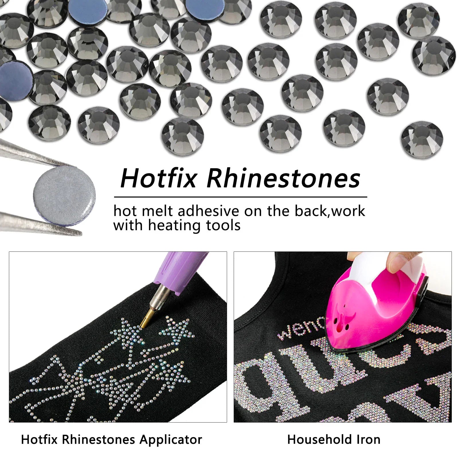Hotfix Rhinestones, Crystal Rhinestones for Crafts Clothes DIY Decoration- Black Diamond