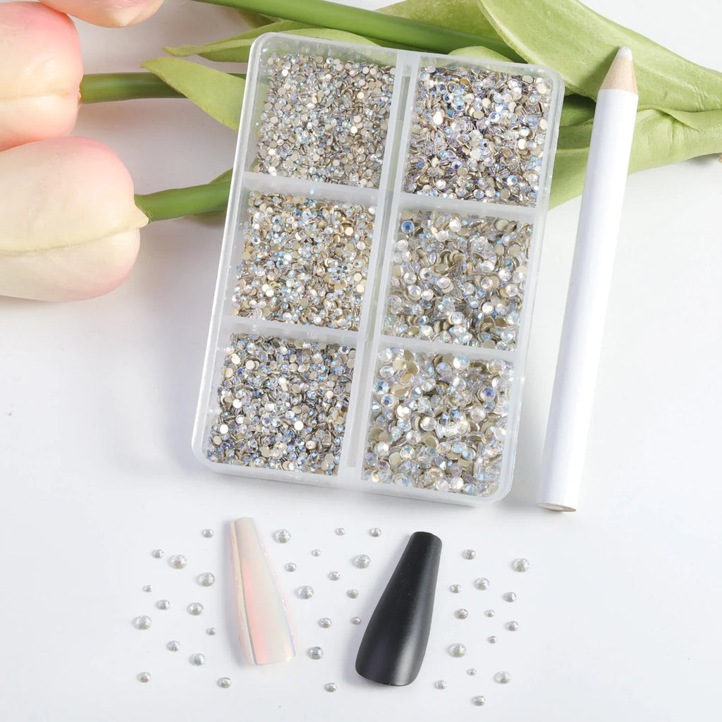 7200pcs Flatback Rhinestones,Nail Gems Round Crystal Rhinestones for Crafts,Mixed 6 Sizes with Wax Pencil Kit, SS3-SS10 - Bluemoonlight