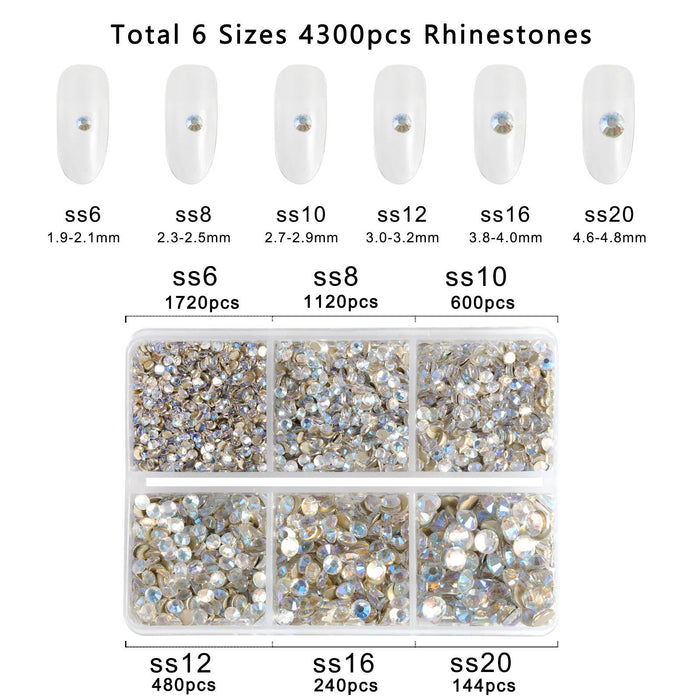 4300pcs Flatback Rhinestones, Nail Gems Round Crystal Rhinestones for Crafts,Mixed 6 Sizes with Picking Tweezers and Wax Pencil Kit-Bluemoonlight