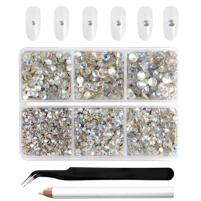 4300pcs Flatback Rhinestones, Nail Gems Round Crystal Rhinestones for Crafts,Mixed 6 Sizes with Picking Tweezers and Wax Pencil Kit-Bluemoonlight