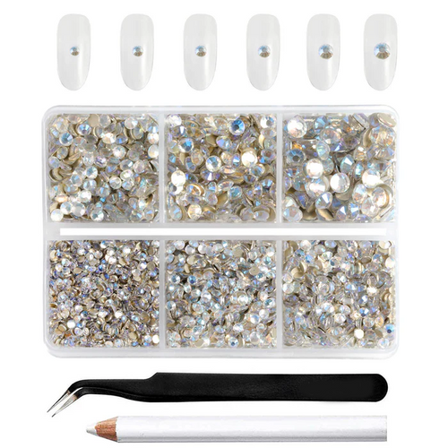 4300pcs Flatback Rhinestones, Nail Gems Round Crystal Rhinestones for Crafts,Mixed 6 Sizes with Picking Tweezers and Wax Pencil Kit-Bluemoonlight