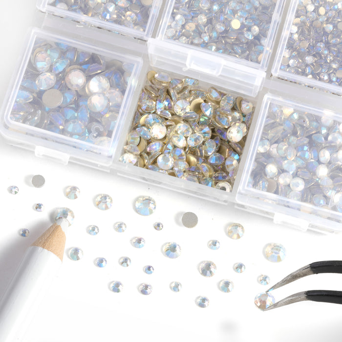 4300pcs Flatback Rhinestones, Nail Gems Round Crystal Rhinestones for Crafts,Mixed 6 Sizes with Picking Tweezers and Wax Pencil Kit-Bluemoonlight