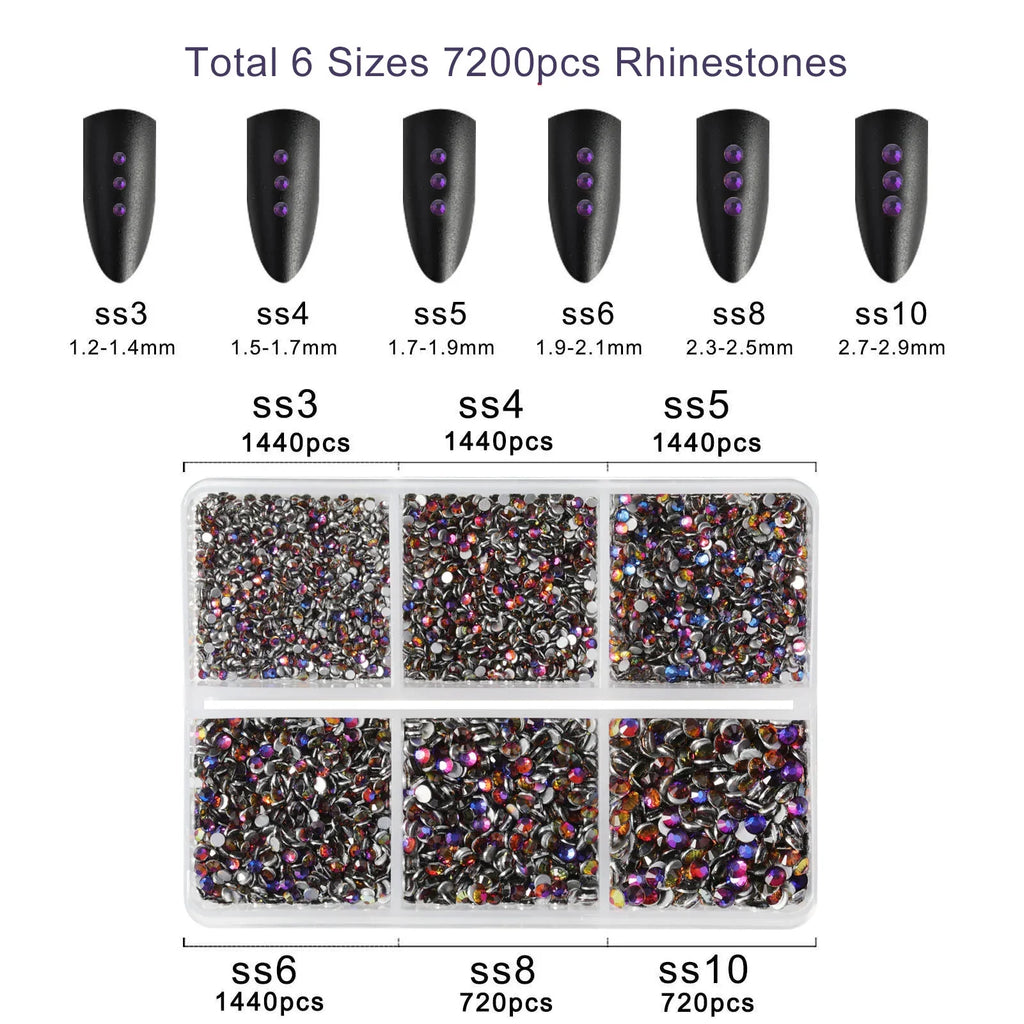 7200pcs Flatback Rhinestones,Nail Gems Round Crystal Rhinestones for Crafts,Mixed 6 Sizes with Wax Pencil Kit, SS3-SS10 -Bluevolcano