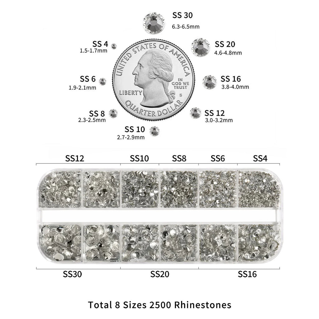 Rhinestones for Makeup,8 sizes 2500pcs Flatback Rhinestones Face Gems for Nails Crafts with Tweezers and Wax Pencil- Crystal
