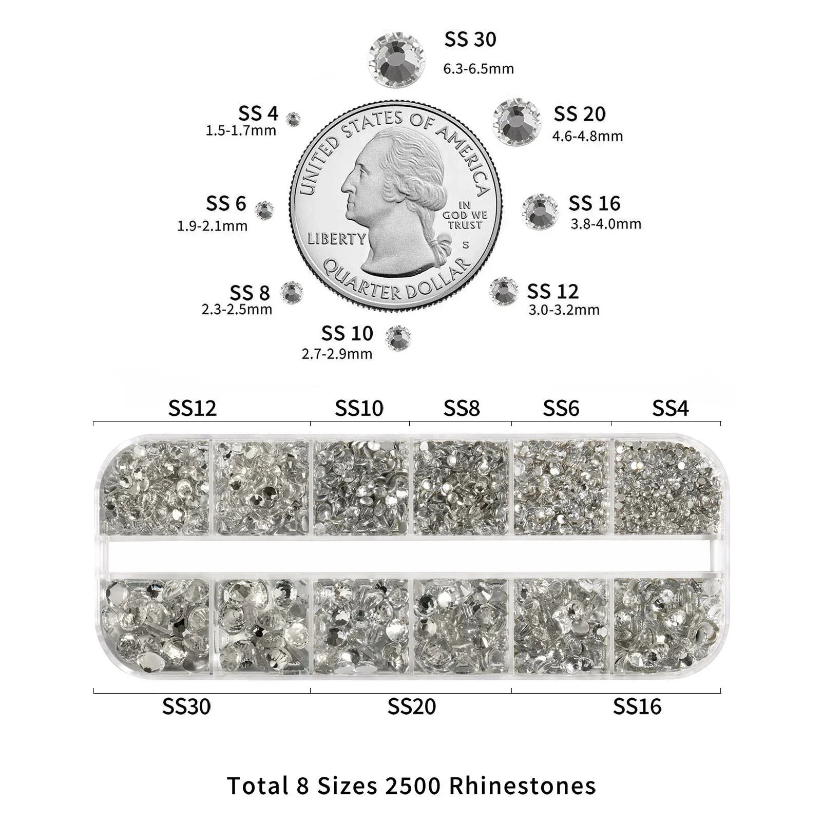 Rhinestones for Makeup,8 sizes 2500pcs Flatback Rhinestones Face Gems for Nails Crafts with Tweezers and Wax Pencil- Crystal