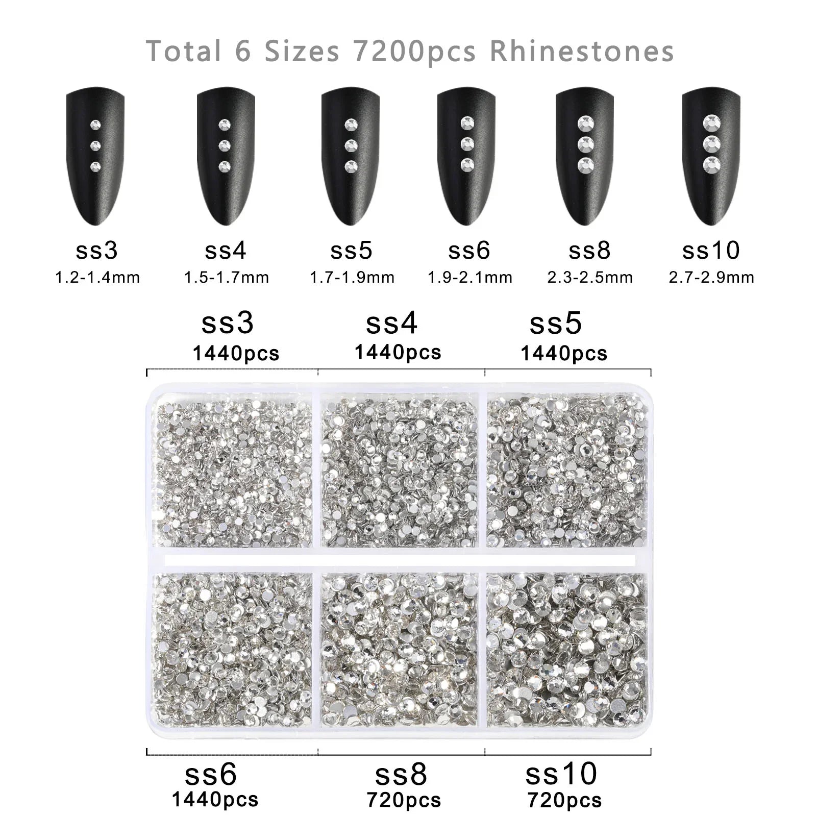 7200pcs Flatback Rhinestones,Nail Gems Round Crystal Rhinestones for Crafts,Mixed 6 Sizes with Wax Pencil Kit, SS3-SS10- Crystal