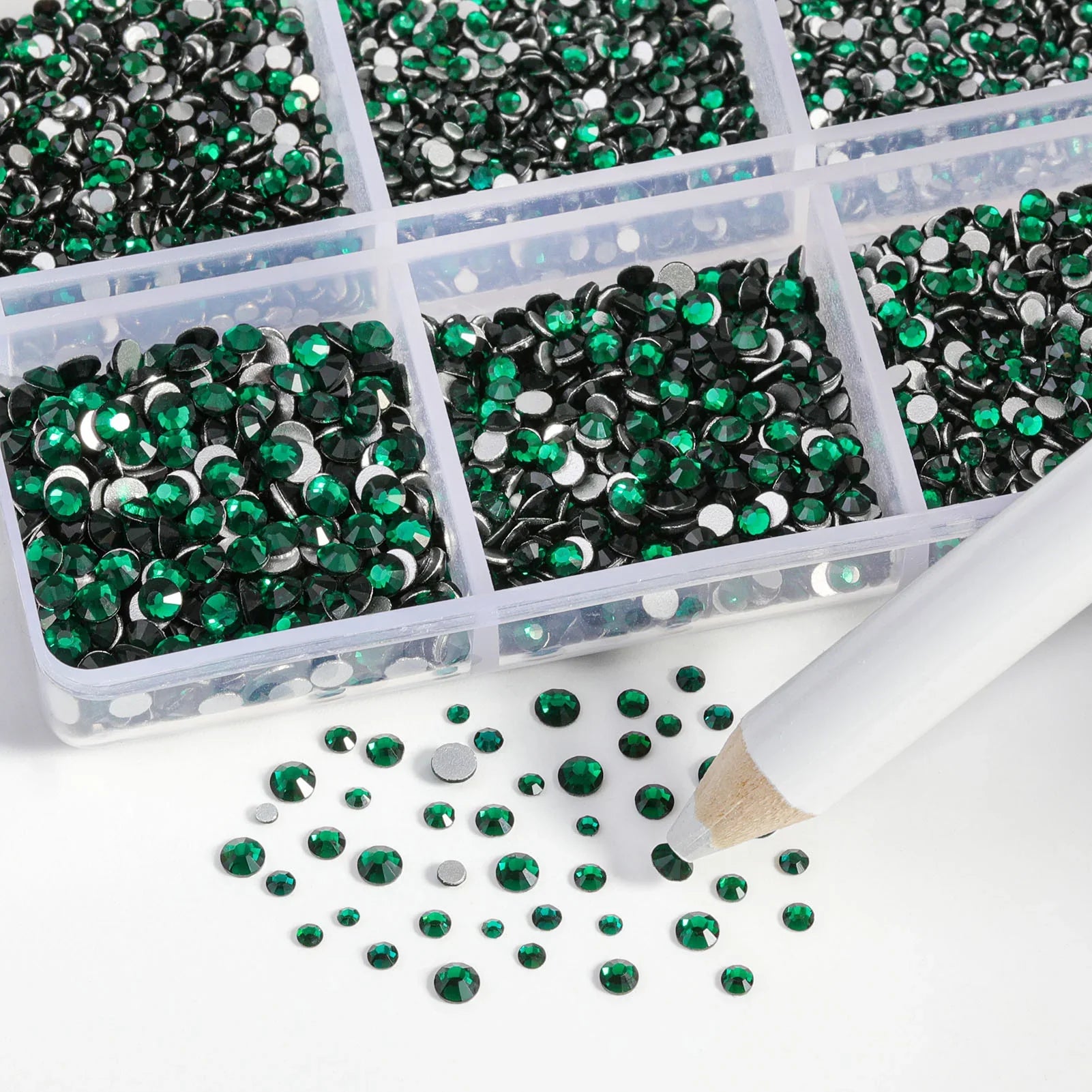 7200pcs Flatback Rhinestones,Nail Gems Round Crystal Rhinestones for Crafts,Mixed 6 Sizes with Wax Pencil Kit, SS3-SS10- Emerald
