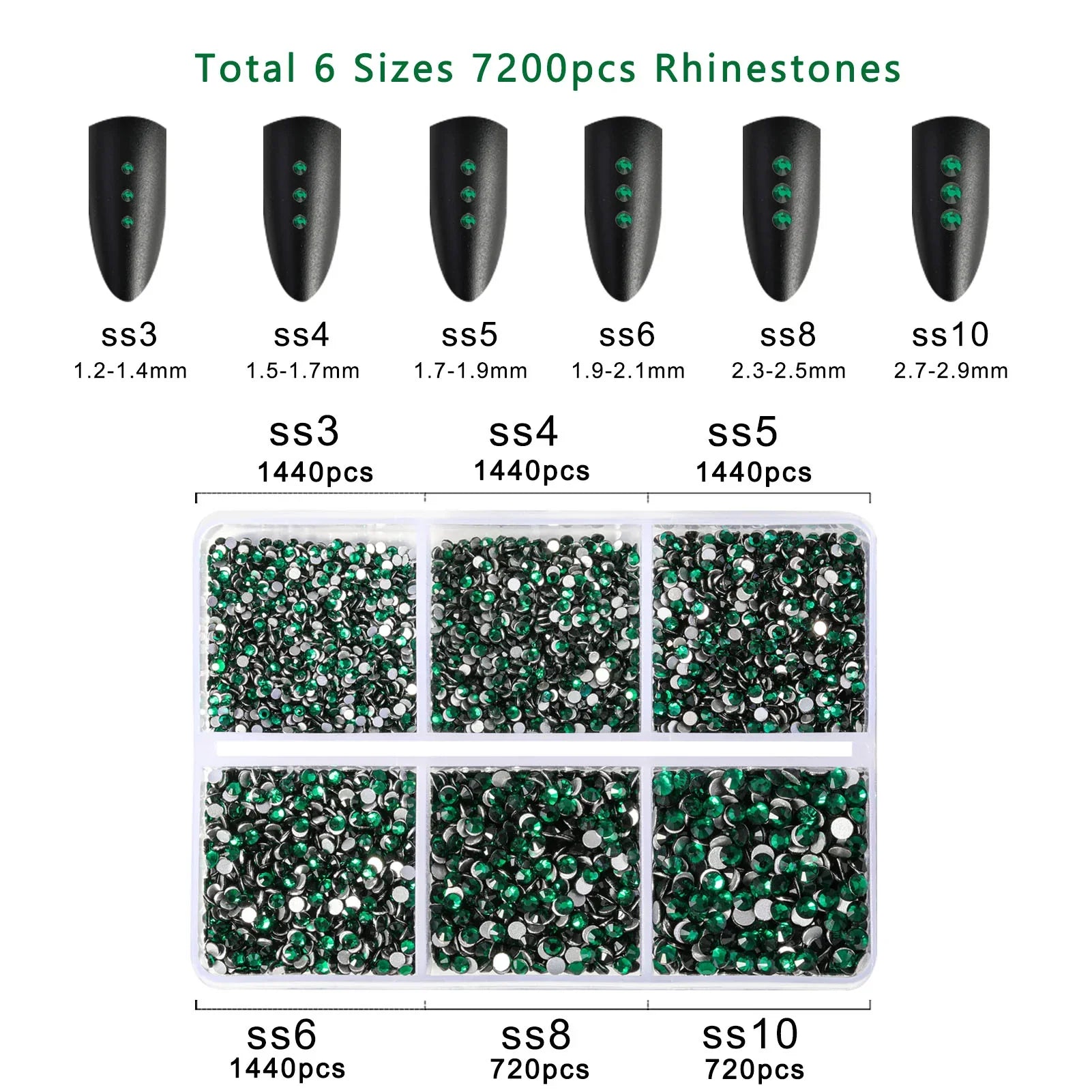 7200pcs Flatback Rhinestones,Nail Gems Round Crystal Rhinestones for Crafts,Mixed 6 Sizes with Wax Pencil Kit, SS3-SS10- Emerald