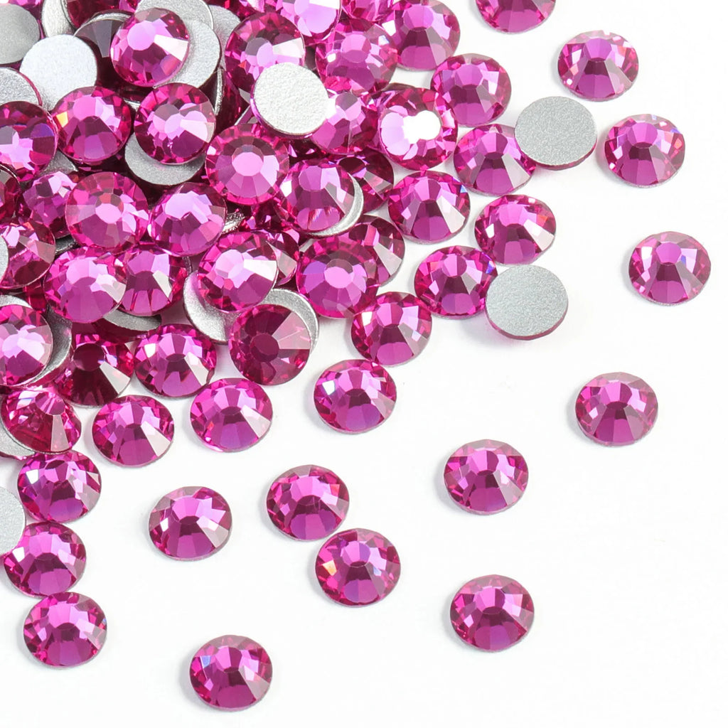 Flat Back Crystal Rhinestones Round Gems For Nail Art And Craft Glue Fix - Fuchsia