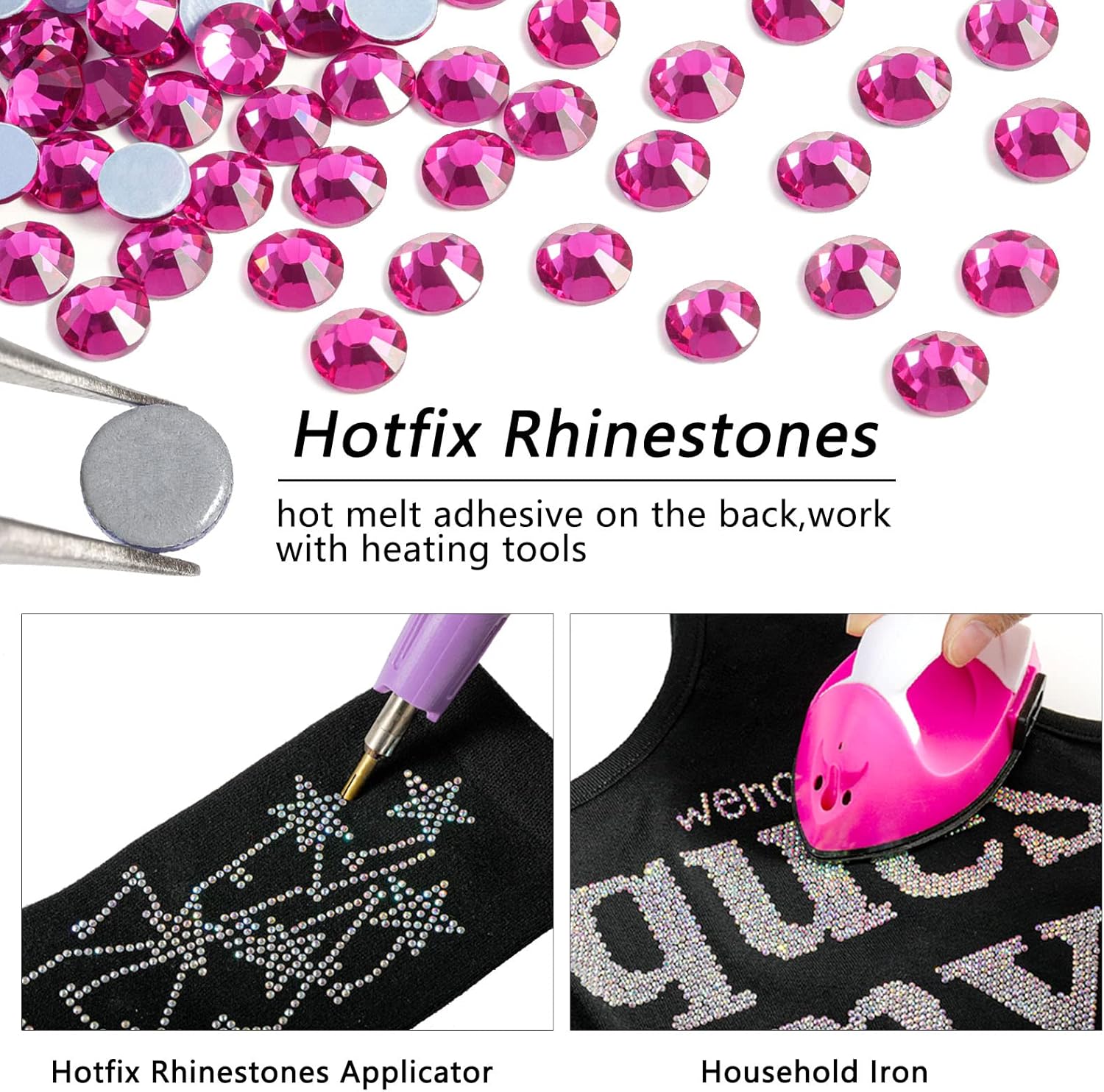 Hotfix Rhinestones, Crystal Rhinestones for Crafts Clothes DIY Decoration-Fuchsia