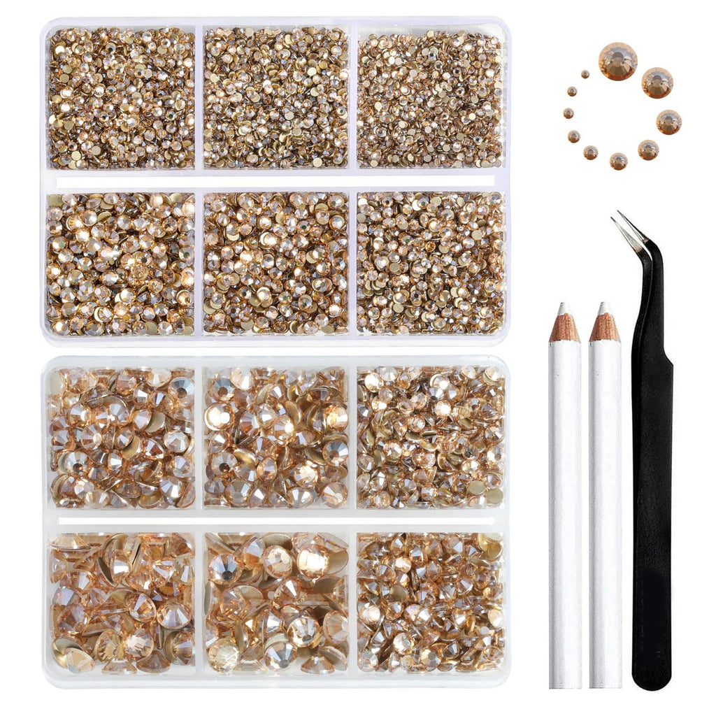 8300PCS Flatback Rhinestones, Nail Gems Round Crystal Rhinestones for Crafts, Mixed 10 Sizes with Wax Pencil and Tweezer Kit, SS3-SS30-Golden