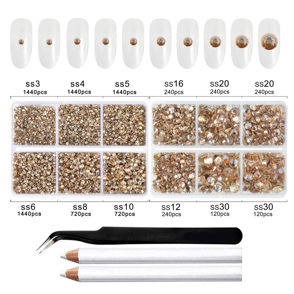 8300PCS Flatback Rhinestones, Nail Gems Round Crystal Rhinestones for Crafts, Mixed 10 Sizes with Wax Pencil and Tweezer Kit, SS3-SS30-Golden