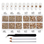 8300PCS Flatback Rhinestones, Nail Gems Round Crystal Rhinestones for Crafts, Mixed 10 Sizes with Wax Pencil and Tweezer Kit, SS3-SS30-Golden