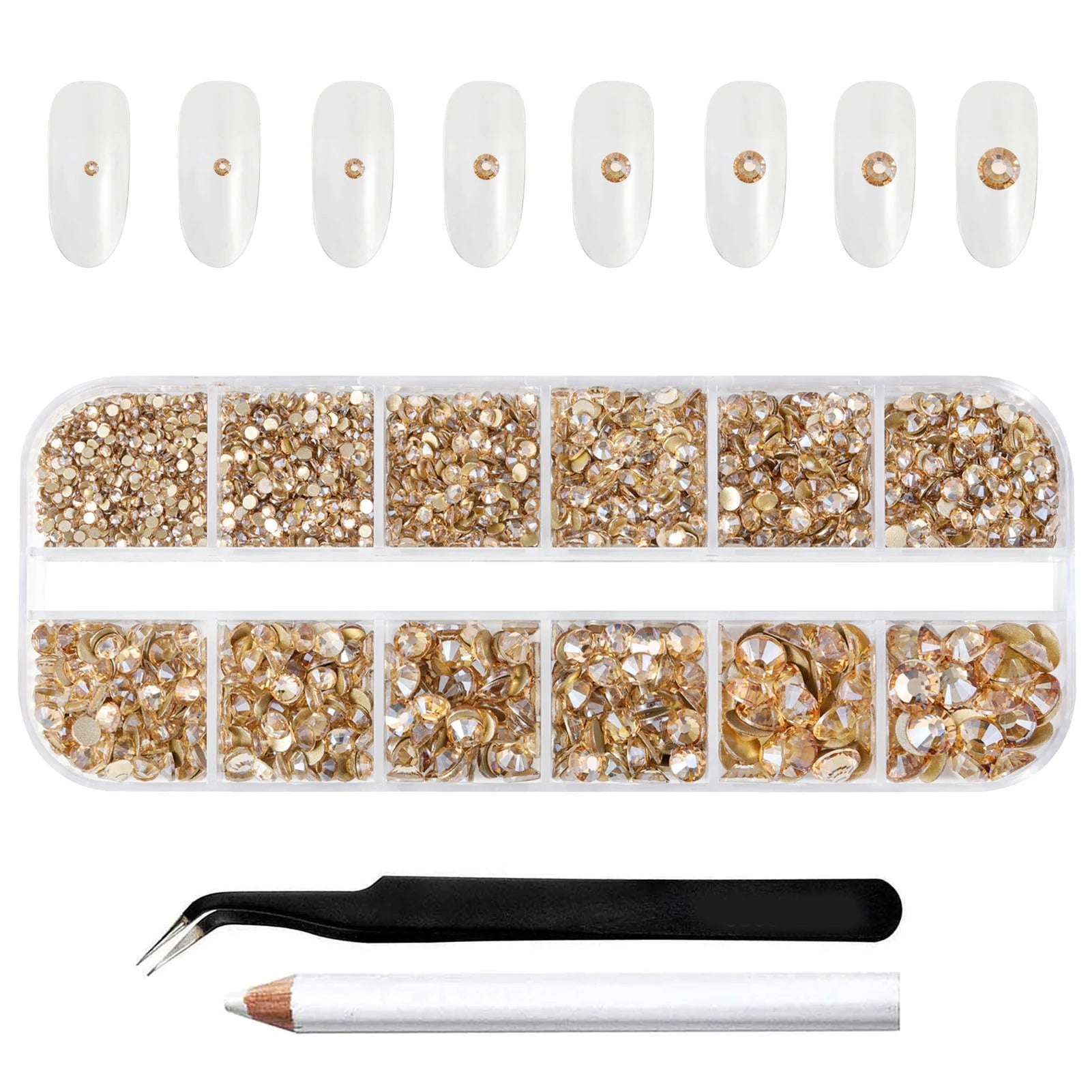 Rhinestones for Makeup,8 sizes 2500pcs Flatback Rhinestones Face Gems for Nails Crafts with Tweezers and Wax Pencil- Golden Shadow