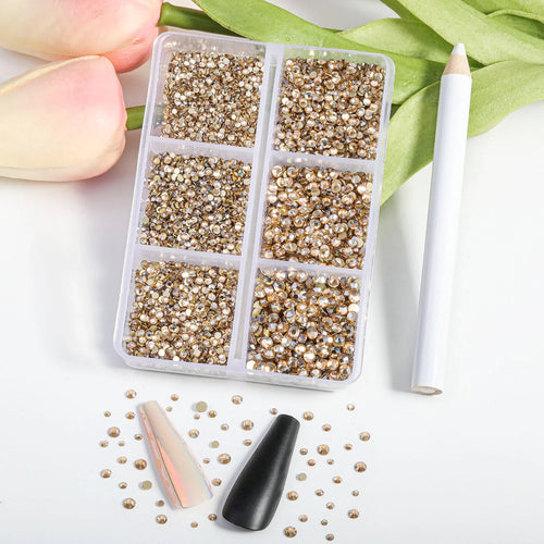 7200pcs Flatback Rhinestones,Nail Gems Round Crystal Rhinestones for Crafts,Mixed 6 Sizes with Wax Pencil Kit, SS3-SS10- Golden Shadow