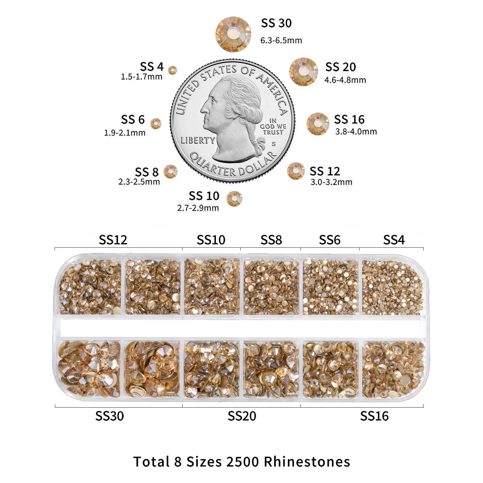 Rhinestones for Makeup,8 sizes 2500pcs Flatback Rhinestones Face Gems for Nails Crafts with Tweezers and Wax Pencil- Golden Shadow