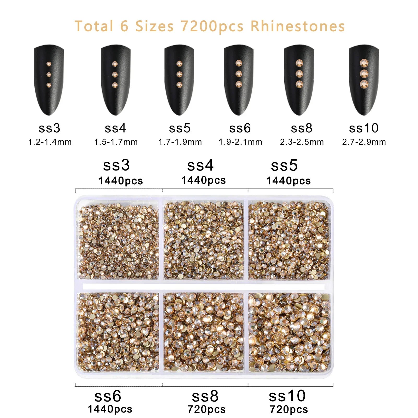 7200pcs Flatback Rhinestones,Nail Gems Round Crystal Rhinestones for Crafts,Mixed 6 Sizes with Wax Pencil Kit, SS3-SS10- Golden Shadow