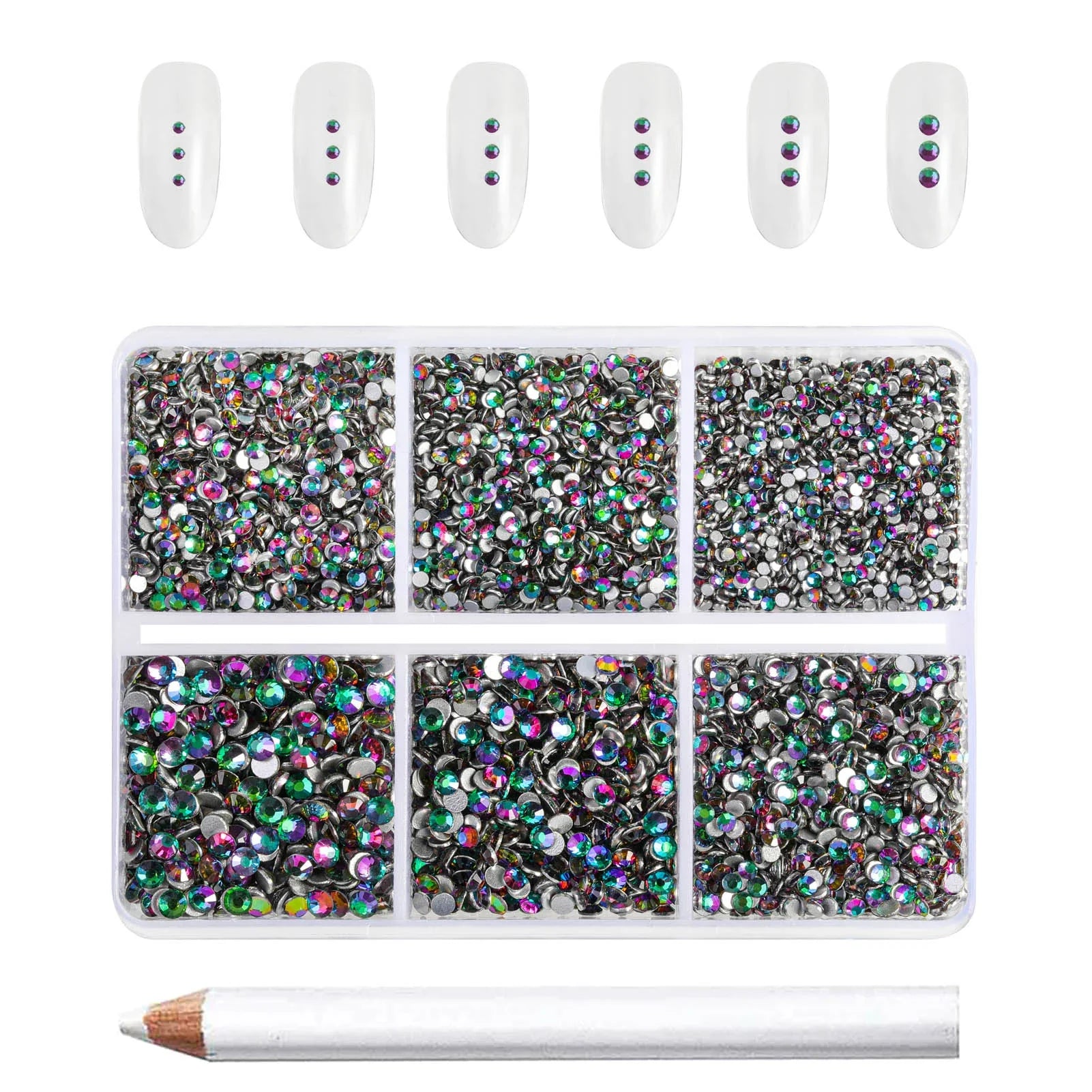 7200pcs Flatback Rhinestones,Nail Gems Round Crystal Rhinestones for Crafts,Mixed 6 Sizes with Wax Pencil Kit, SS3-SS10- Green Volcano