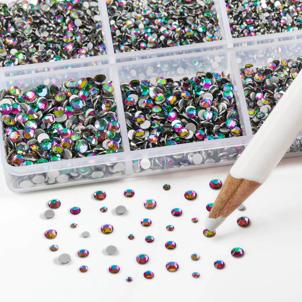 7200pcs Flatback Rhinestones,Nail Gems Round Crystal Rhinestones for Crafts,Mixed 6 Sizes with Wax Pencil Kit, SS3-SS10- Green Volcano