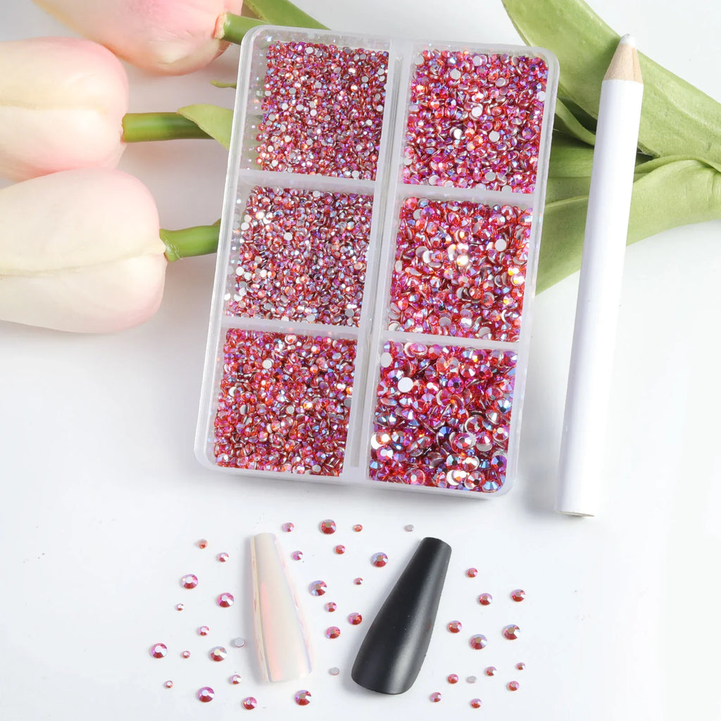 7200pcs Flatback Rhinestones,Nail Gems Round Crystal Rhinestones for Crafts,Mixed 6 Sizes with Wax Pencil Kit, SS3-SS10-Hyacinth AB