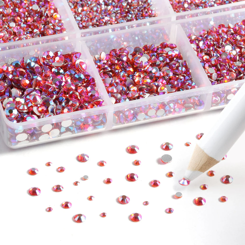 7200pcs Flatback Rhinestones,Nail Gems Round Crystal Rhinestones for Crafts,Mixed 6 Sizes with Wax Pencil Kit, SS3-SS10-Hyacinth AB