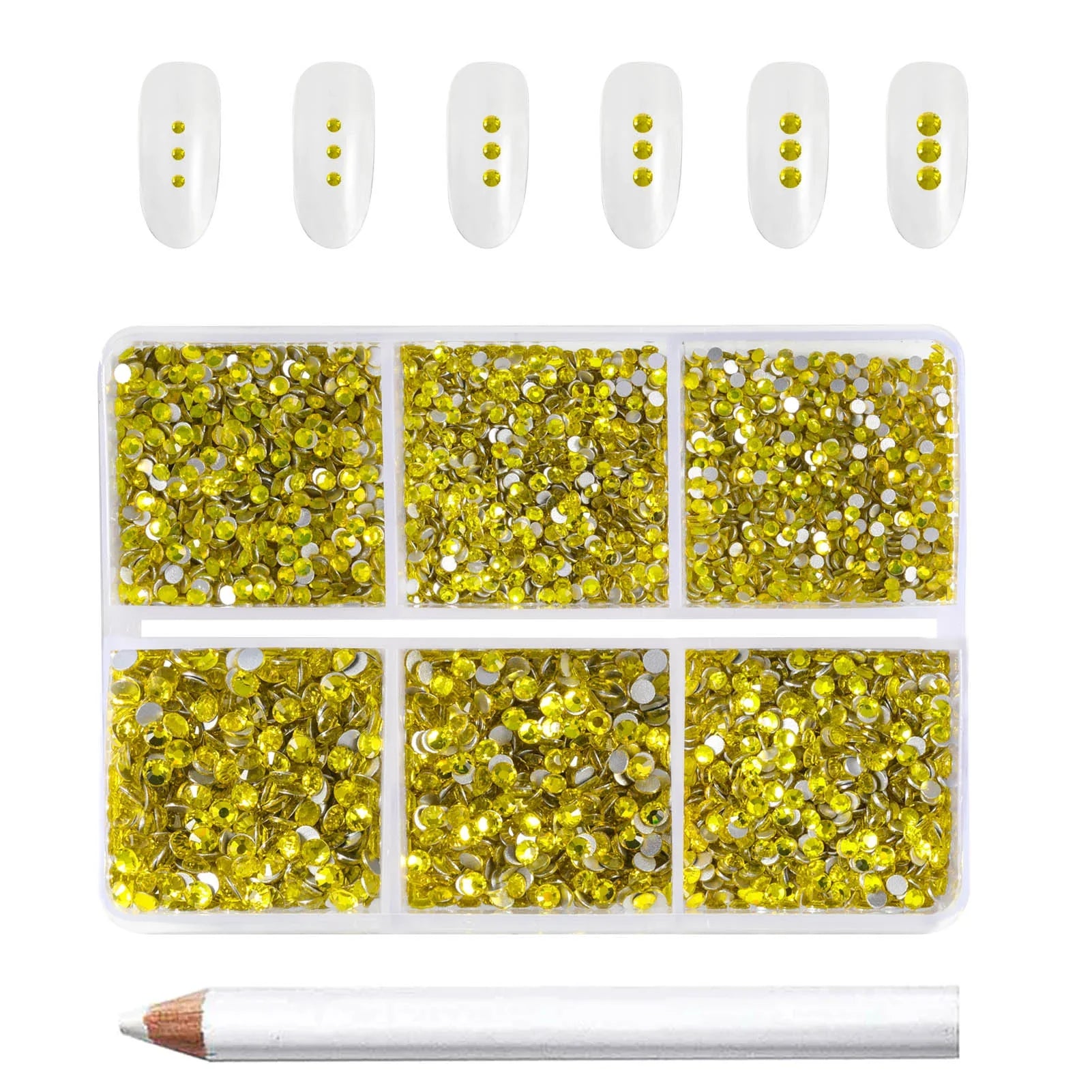 7200pcs Flatback Rhinestones,Nail Gems Round Crystal Rhinestones for Crafts,Mixed 6 Sizes with Wax Pencil Kit, SS3-SS10- Lemon Yellow