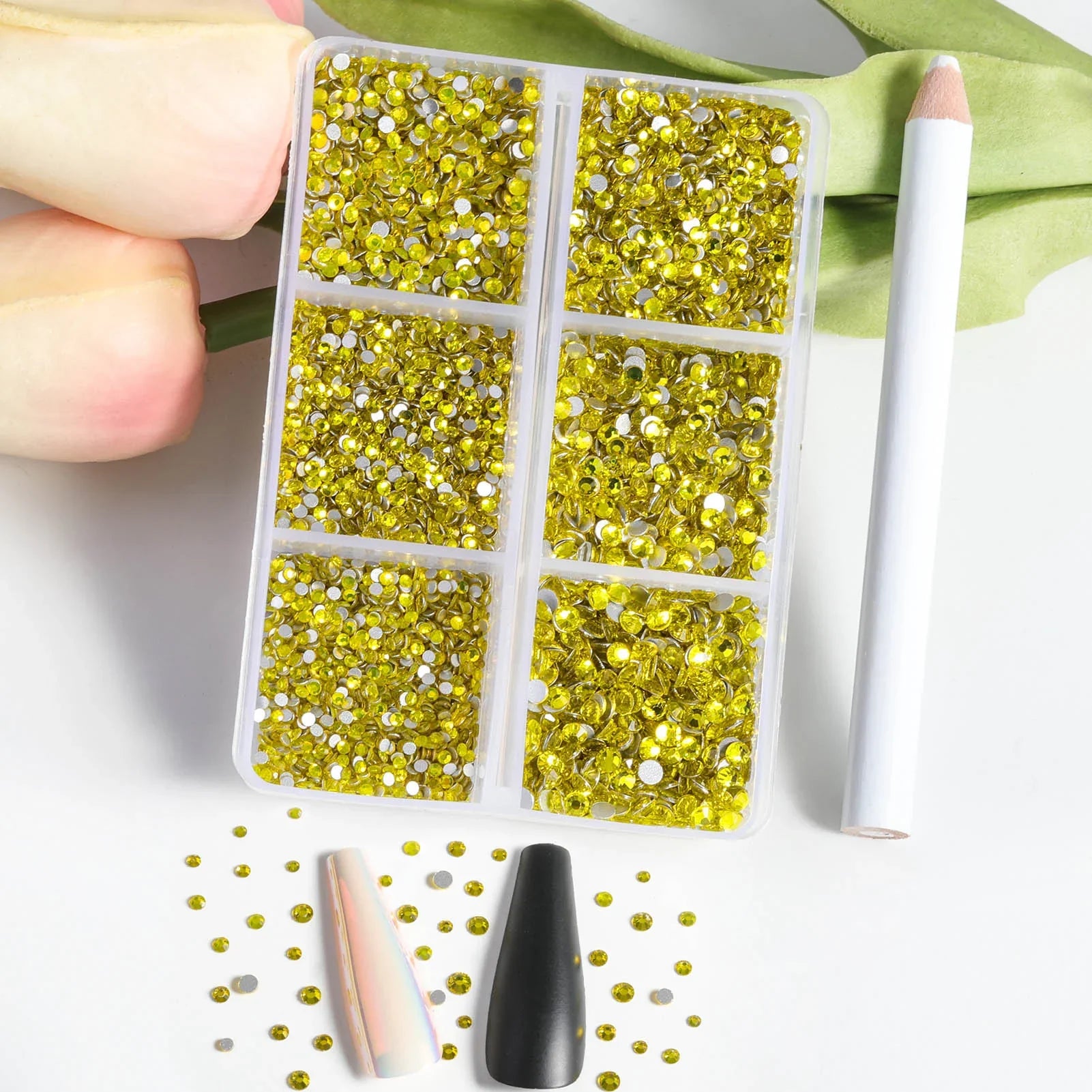 7200pcs Flatback Rhinestones,Nail Gems Round Crystal Rhinestones for Crafts,Mixed 6 Sizes with Wax Pencil Kit, SS3-SS10- Lemon Yellow