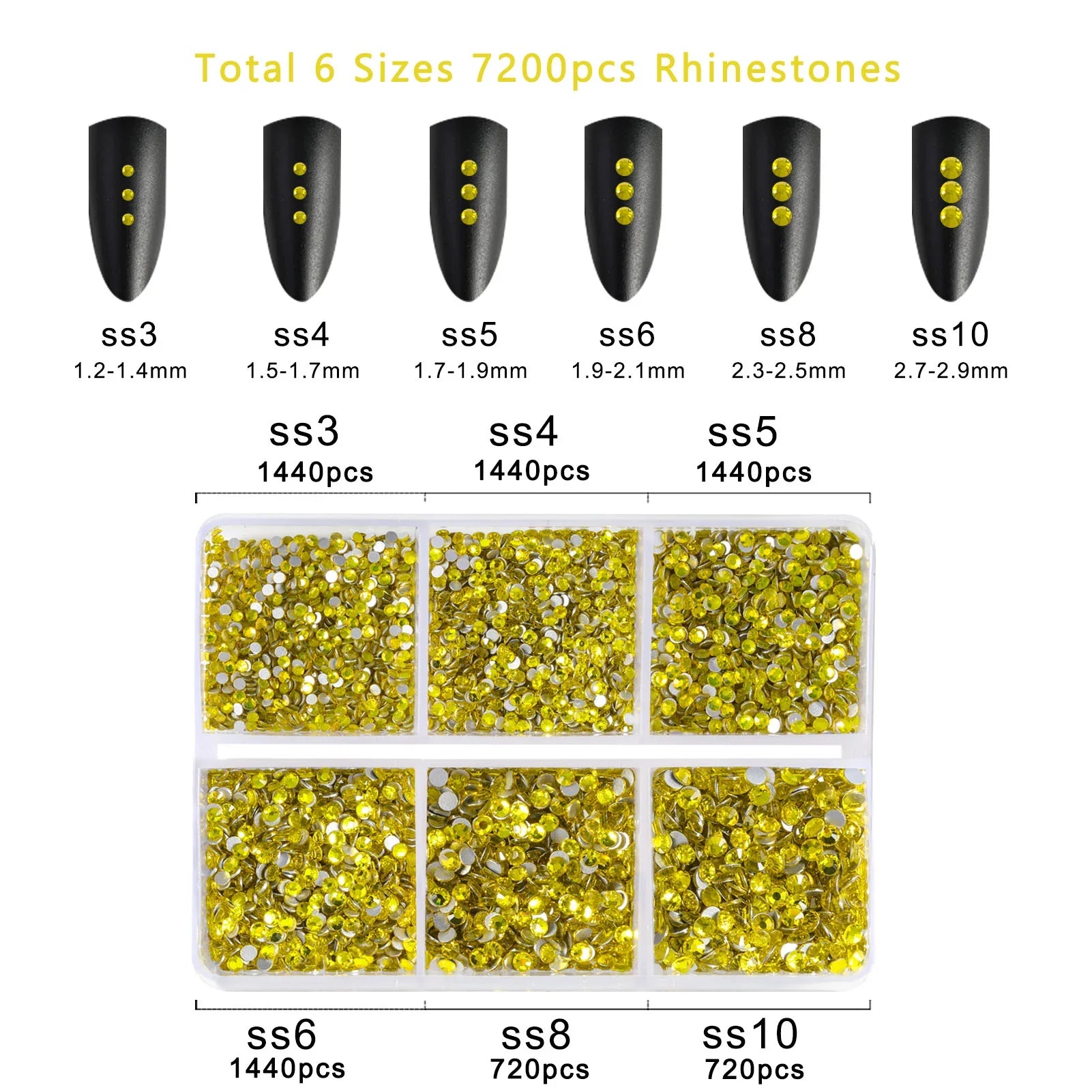7200pcs Flatback Rhinestones,Nail Gems Round Crystal Rhinestones for Crafts,Mixed 6 Sizes with Wax Pencil Kit, SS3-SS10- Lemon Yellow