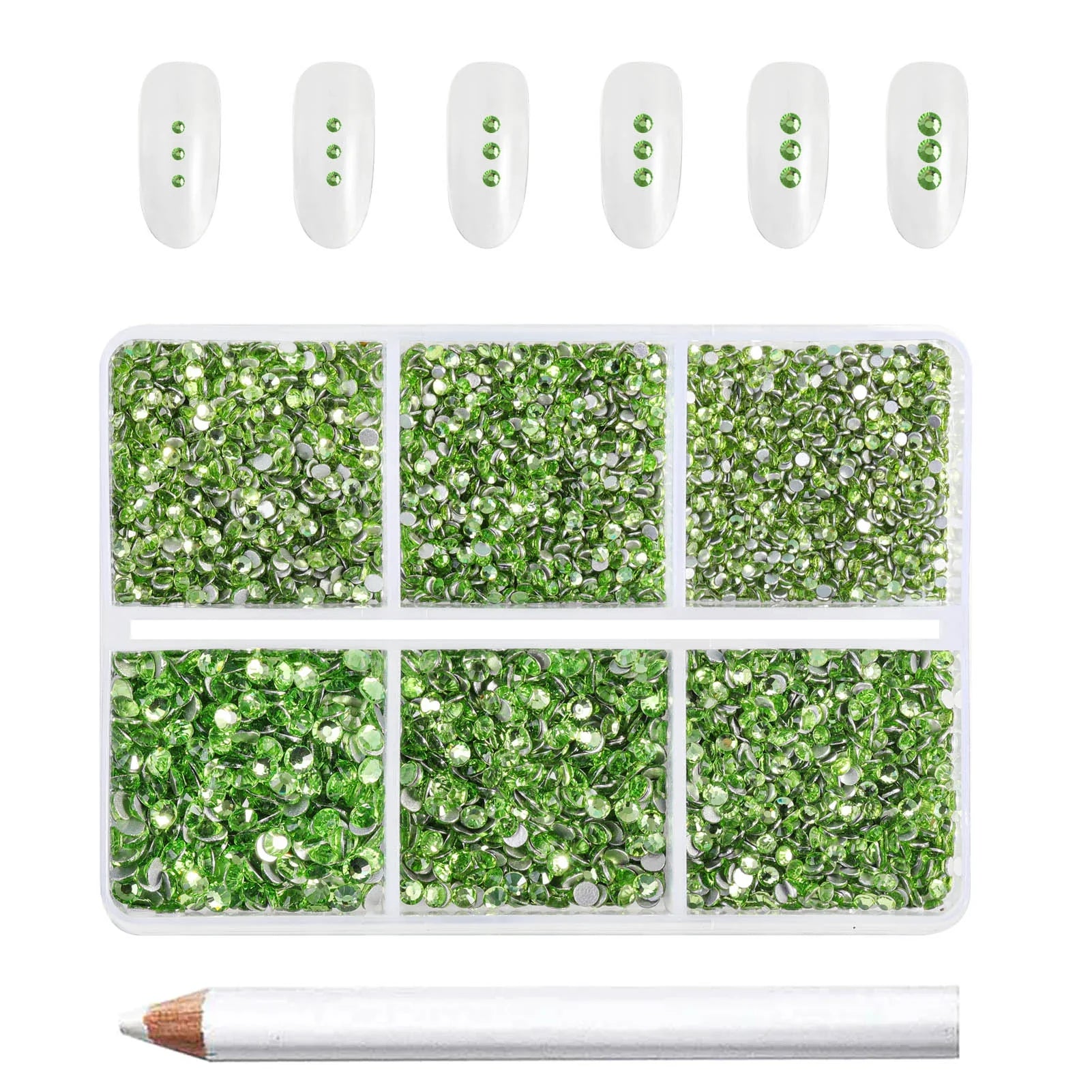 7200pcs Flatback Rhinestones,Nail Gems Round Crystal Rhinestones for Crafts,Mixed 6 Sizes with Wax Pencil Kit, SS3-SS10- Light Green