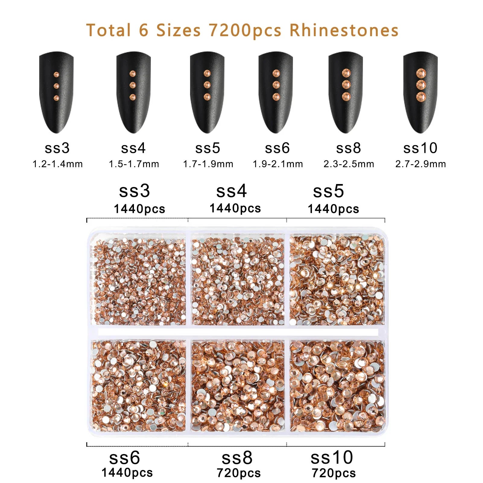 7200pcs Flatback Rhinestones,Nail Gems Round Crystal Rhinestones for Crafts,Mixed 6 Sizes with Wax Pencil Kit, SS3-SS10- Light Peach