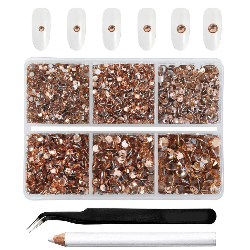 4300pcs Flatback Rhinestones, Nail Gems Round Crystal Rhinestones for Crafts,Mixed 6 Sizes with Picking Tweezers and Wax Pencil Kit- Light Peach